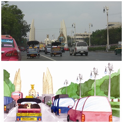 ภาพสถานที่จริงและรูปวาดในเล่ม